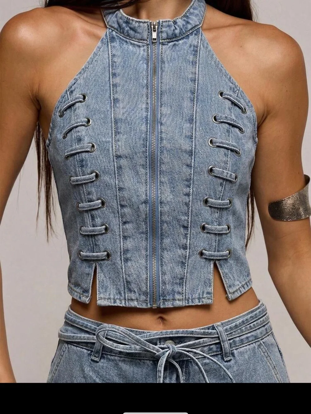 Denim Lace-Up Halter Crop Top - Light Blue - Picture 6 of 6